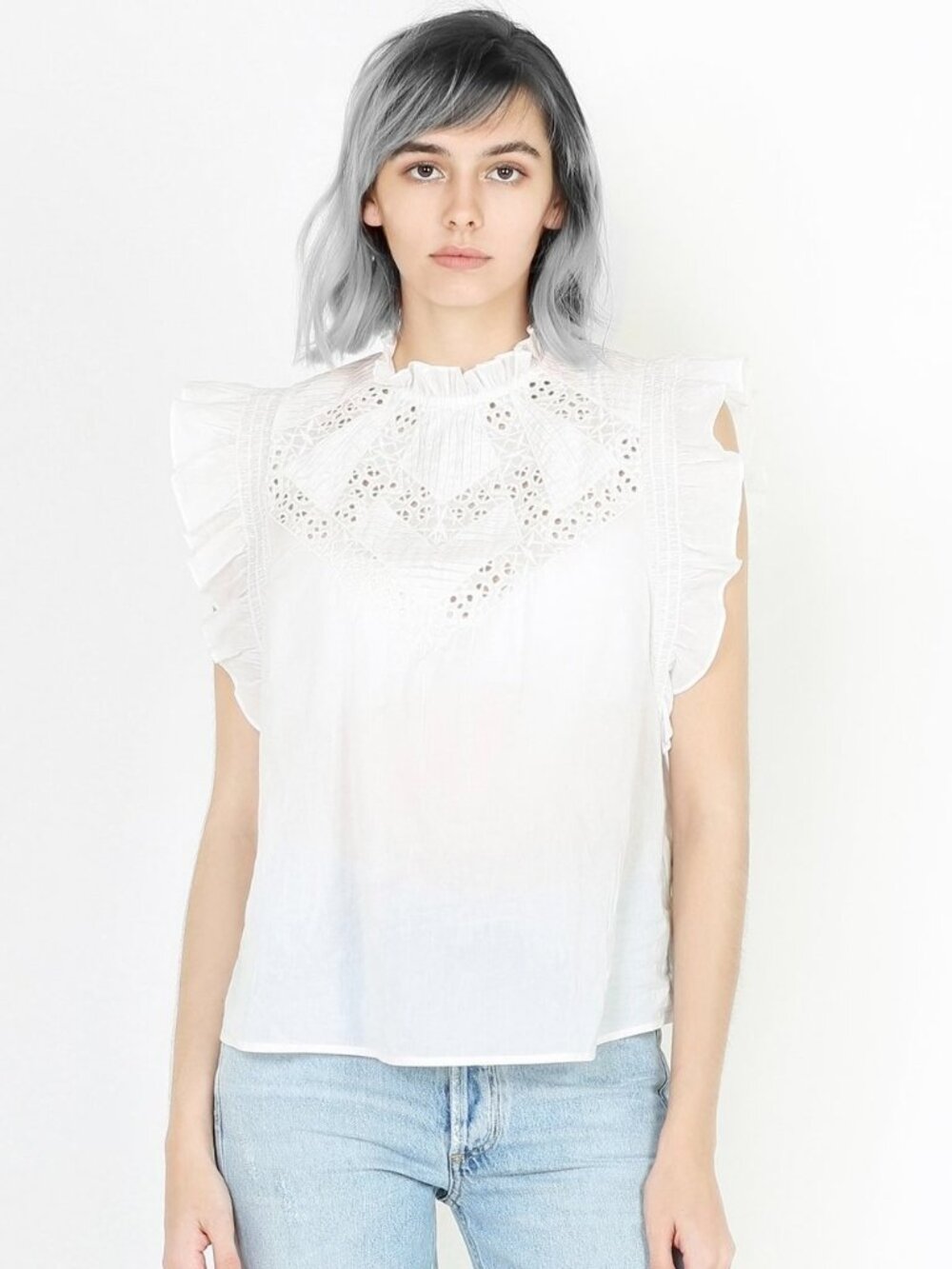 BA&SH Wood Embroidered Eyelet Ruffle Blouse – White 🤍